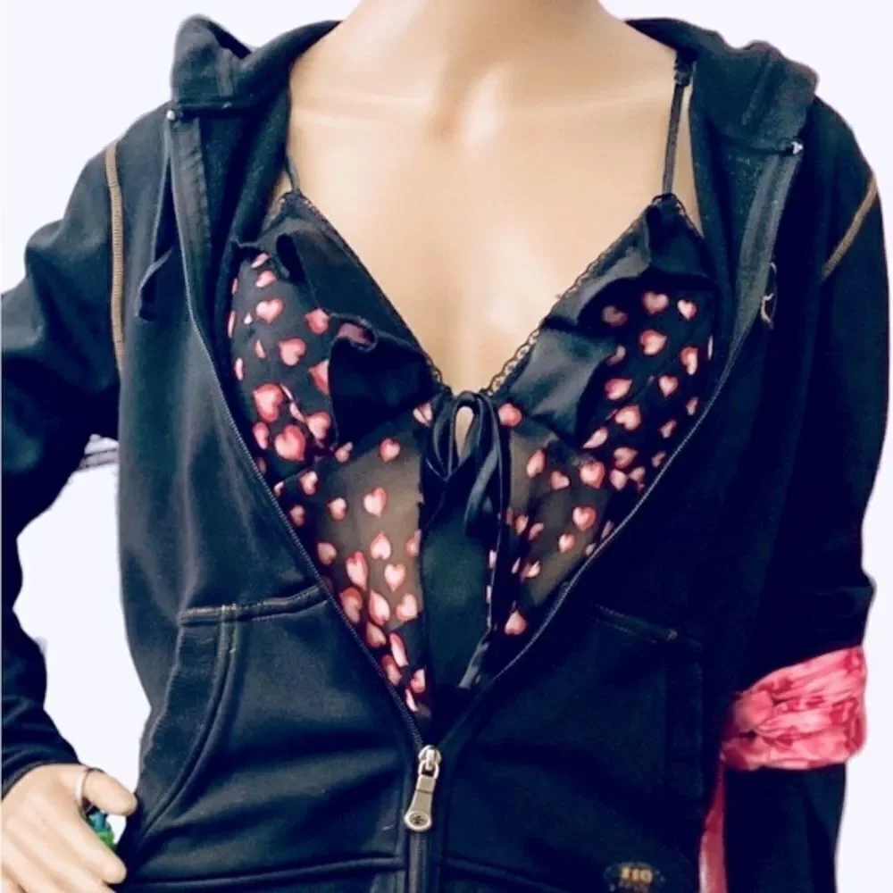 Black Lingerie W Pink Hearts OS Silky Sash Tie Ruffles Open Front Coquette